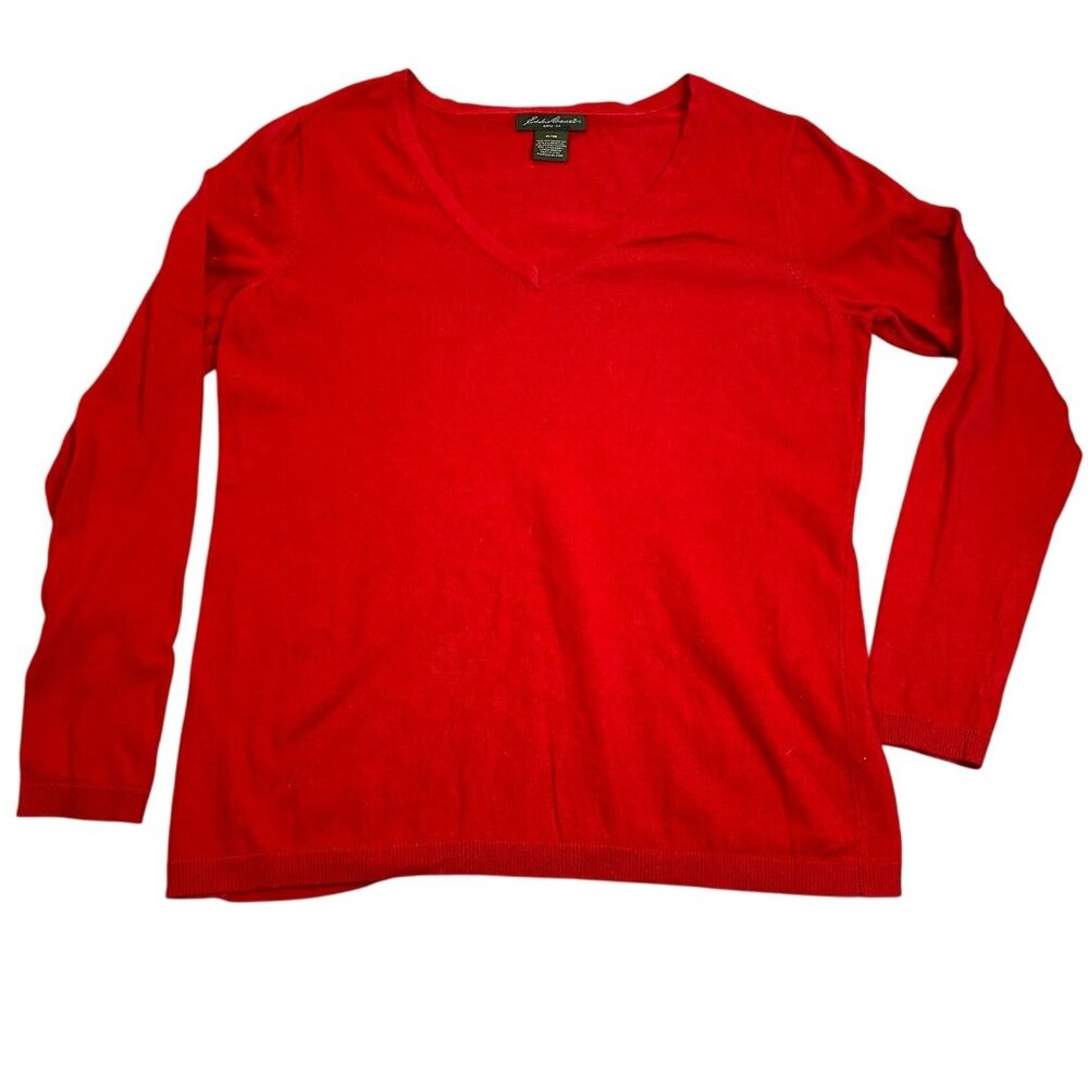 Eddie Bauer Women's Sweater XL Red V-Neck Long-Sleeve Cotton Blend